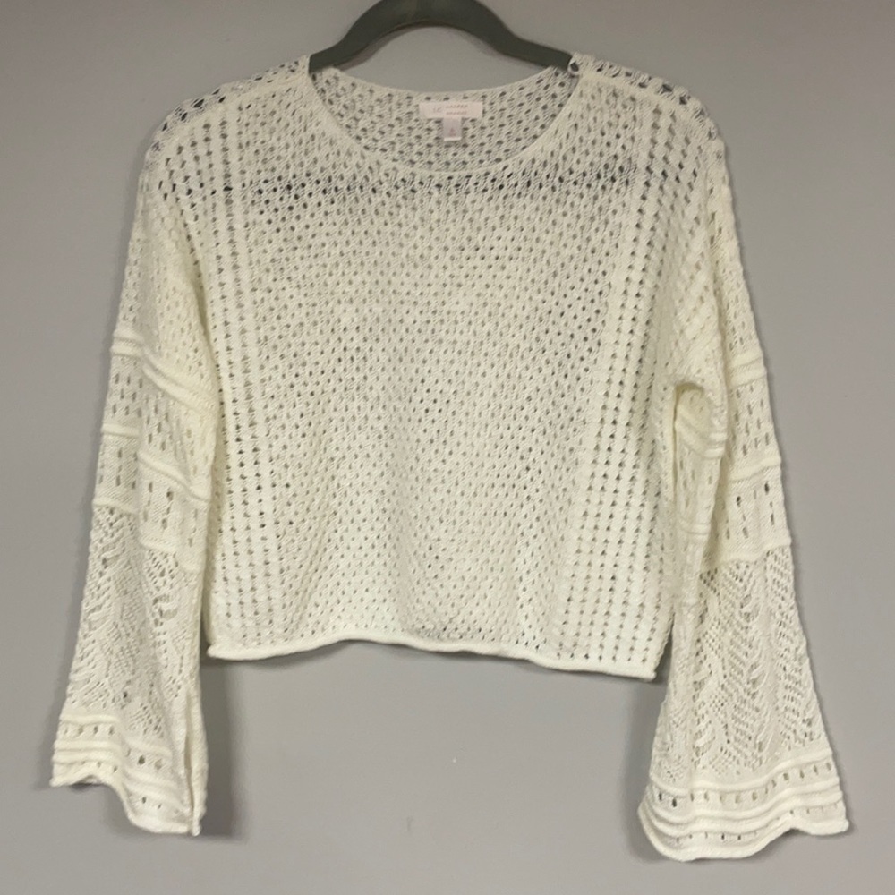 LC Lauren Conrad, White Crochet Look Fairey Bell Sleeves Crop Sweater, Cream, S